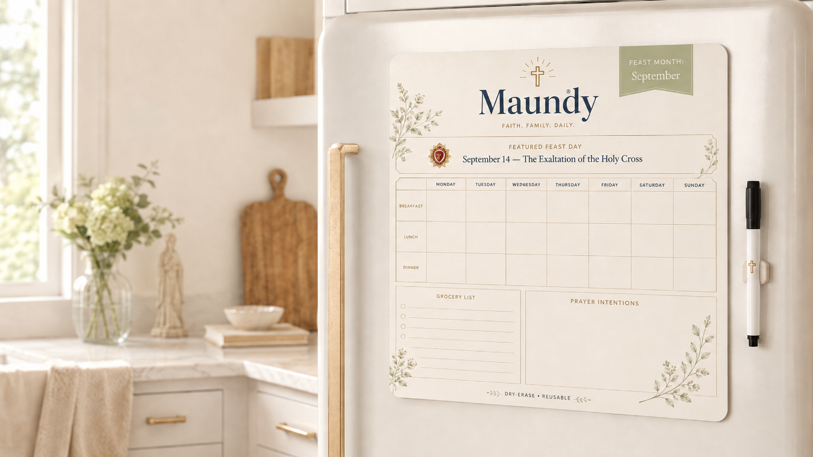 Maundy Catholic Family Meal Planner displayed on a refrigerator