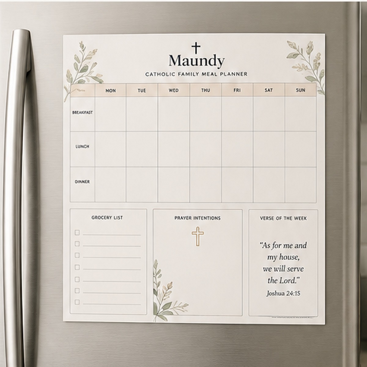 Maundy Catholic Family Meal Planner displayed on a refrigerator